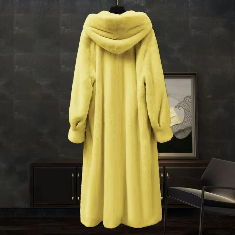 Women's plus size long faux fur coat in brown leopard print with 100cm extended length