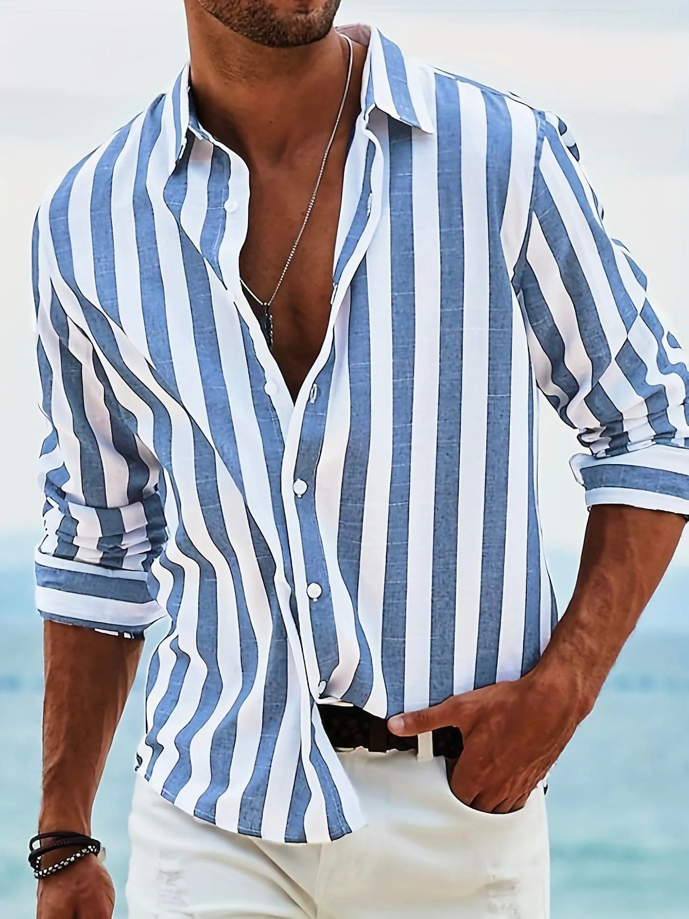 Men's yarn-dyed striped casual shirt with loose British style cardigan fit in polyester fabric