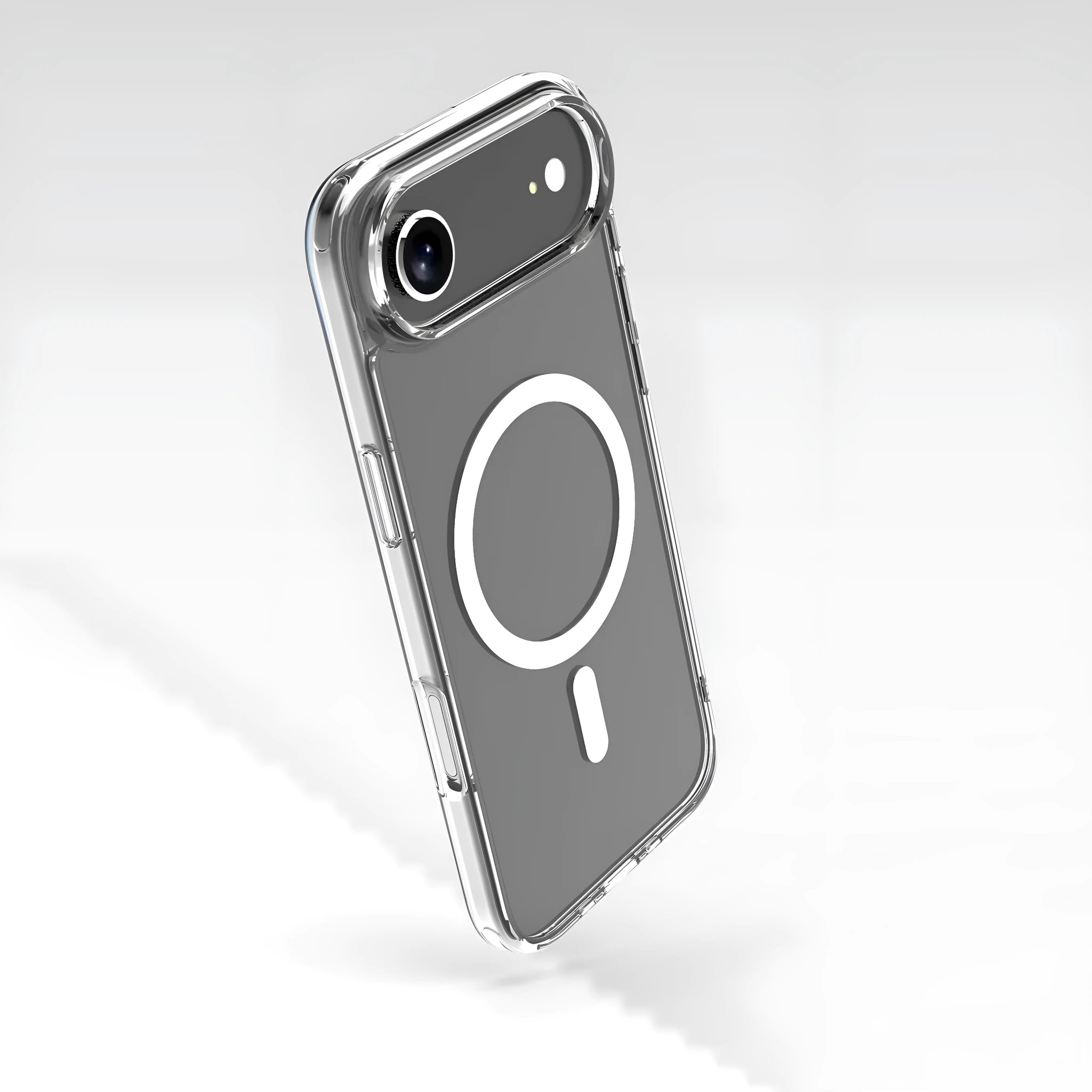Transparent magnetic phone case for iPhone 17 series models on a plain background