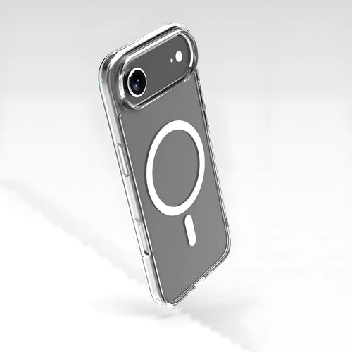Transparent magnetic phone case for iPhone 17 series models on a plain background