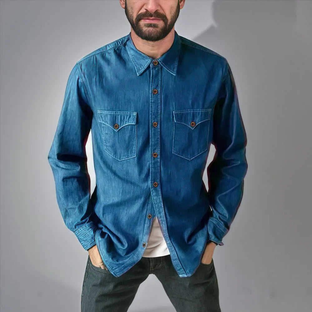 Cotton denim cardigan coat in regular fit on a hanger, shown in khaki colour with button front.