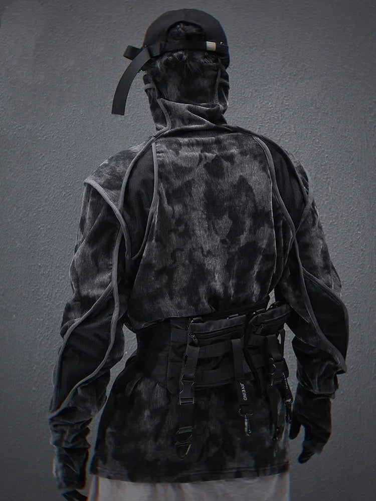 Black and grey tie dye printed men's turtleneck sweater with drop shoulders on a model.
