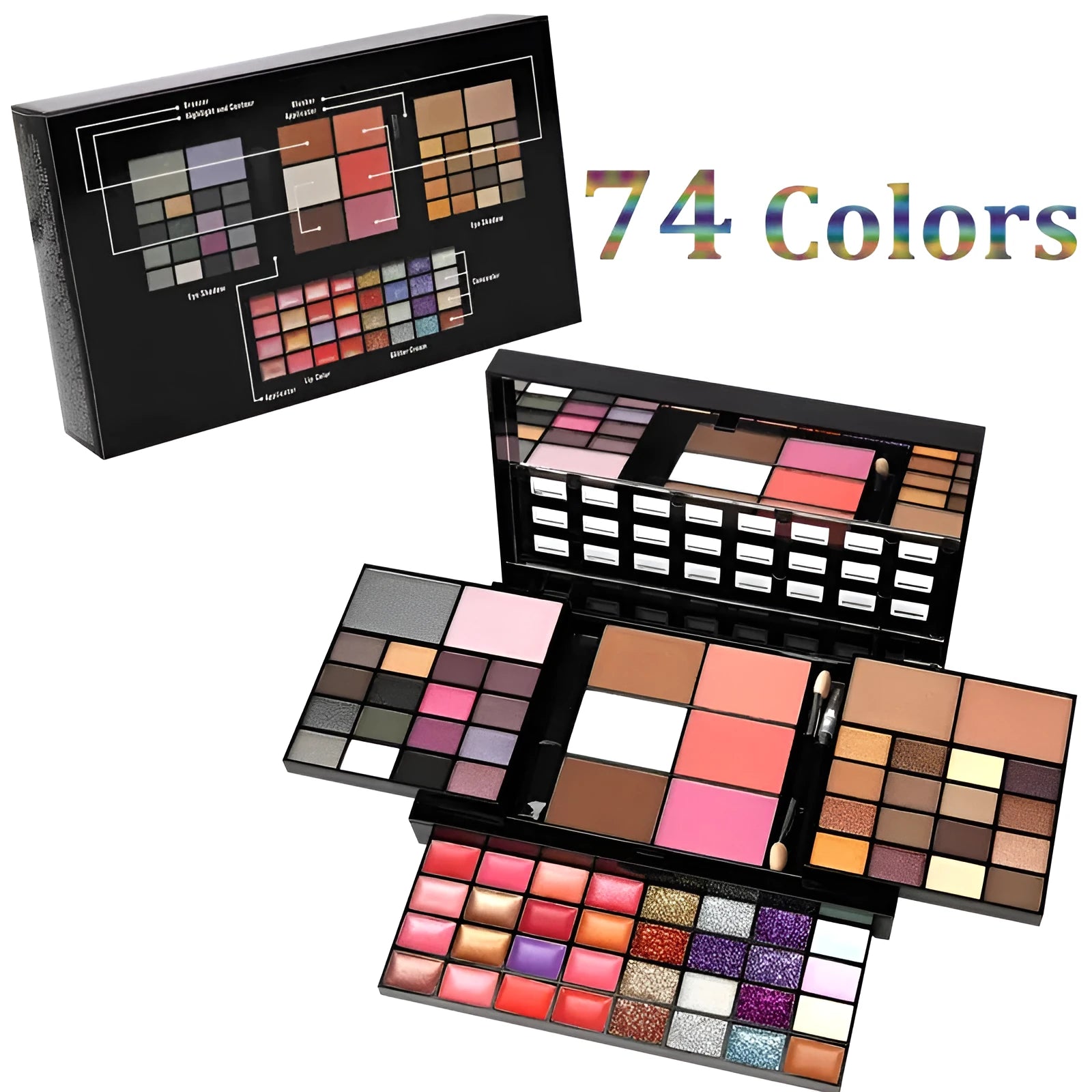 74 colour makeup palette open showing eyeshadows, lip glosses, concealers, blushes, and contour powders with included brushes