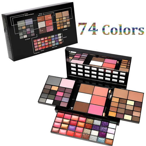 74 colour makeup palette open showing eyeshadows, lip glosses, concealers, blushes, and contour powders with included brushes