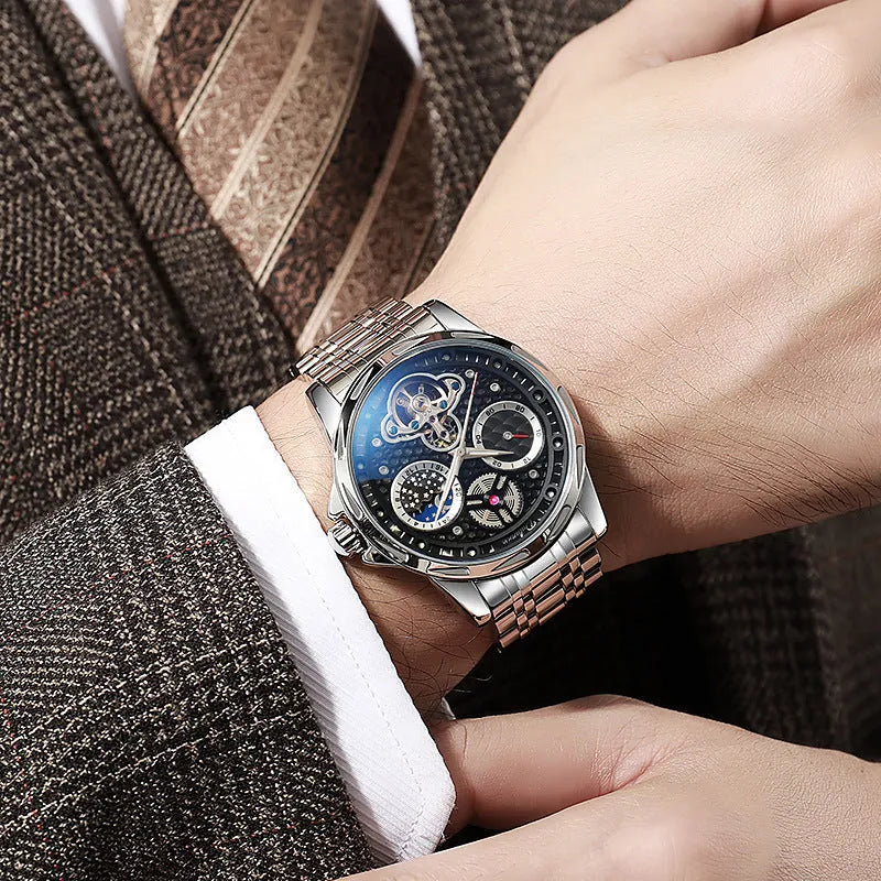 Men's automatic waterproof watch with luminous hands and stainless steel case on leather strap