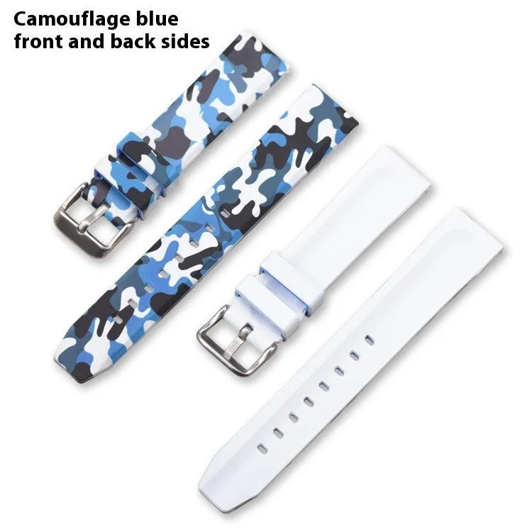 Blue camouflage silicone watch strap with flat head lugs for universal fit.