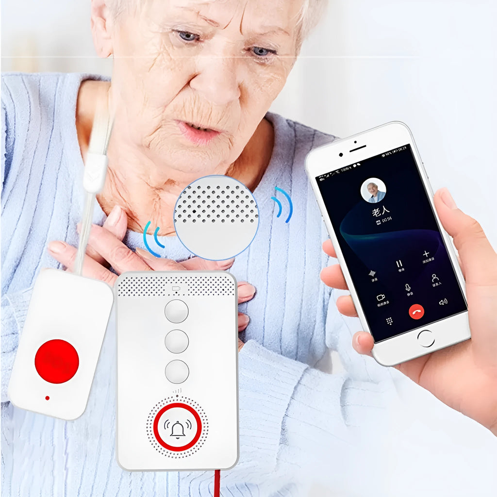 White emergency alert system with central buzzer unit and three wearable emergency buttons