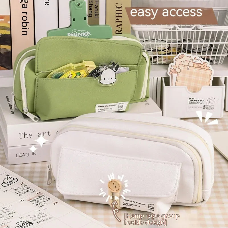 Korean style canvas pencil case in green, holds approximately 80 pens