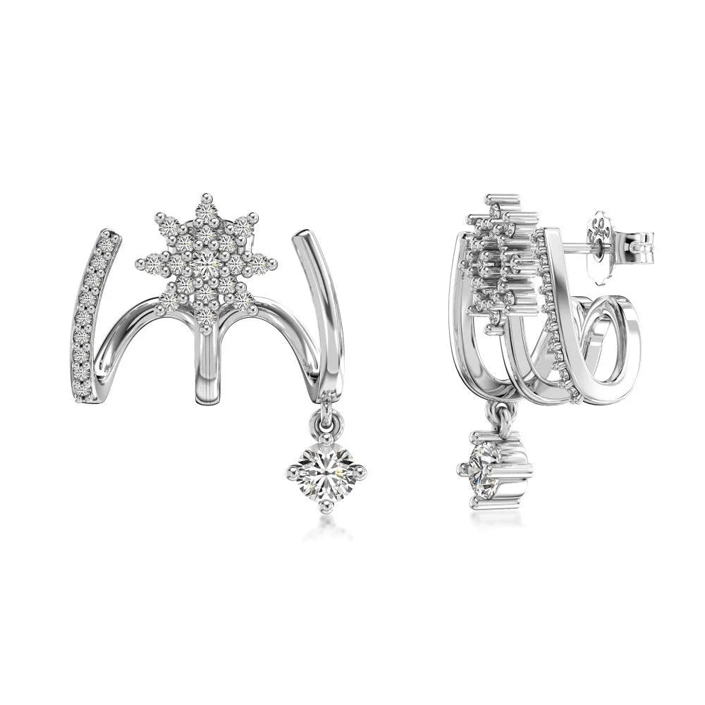 S925 sterling silver snowflake stud earrings in platinum finish with electroplated surface on white background