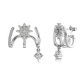 S925 sterling silver snowflake stud earrings in platinum finish with electroplated surface on white background