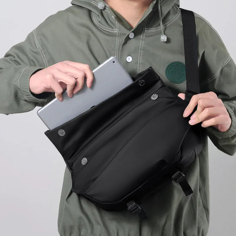 Grey PU leather men's crossbody bag showing internal phone and document compartments
