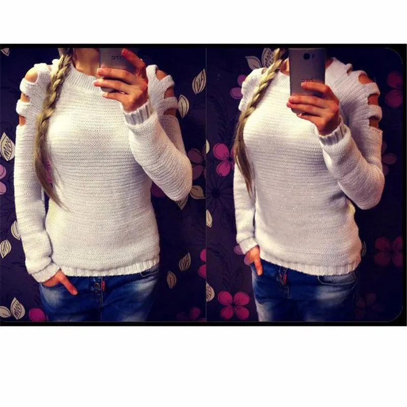 Women's white knitted pullover shirt with a crocheted hollow-out pattern and round neck.