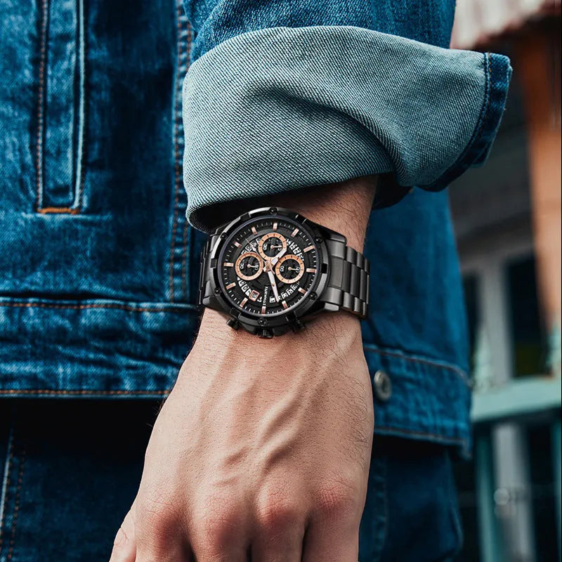 Men's waterproof luminous quartz watch with steel bracelet in black and blue, black and gold, or silver and white colour options