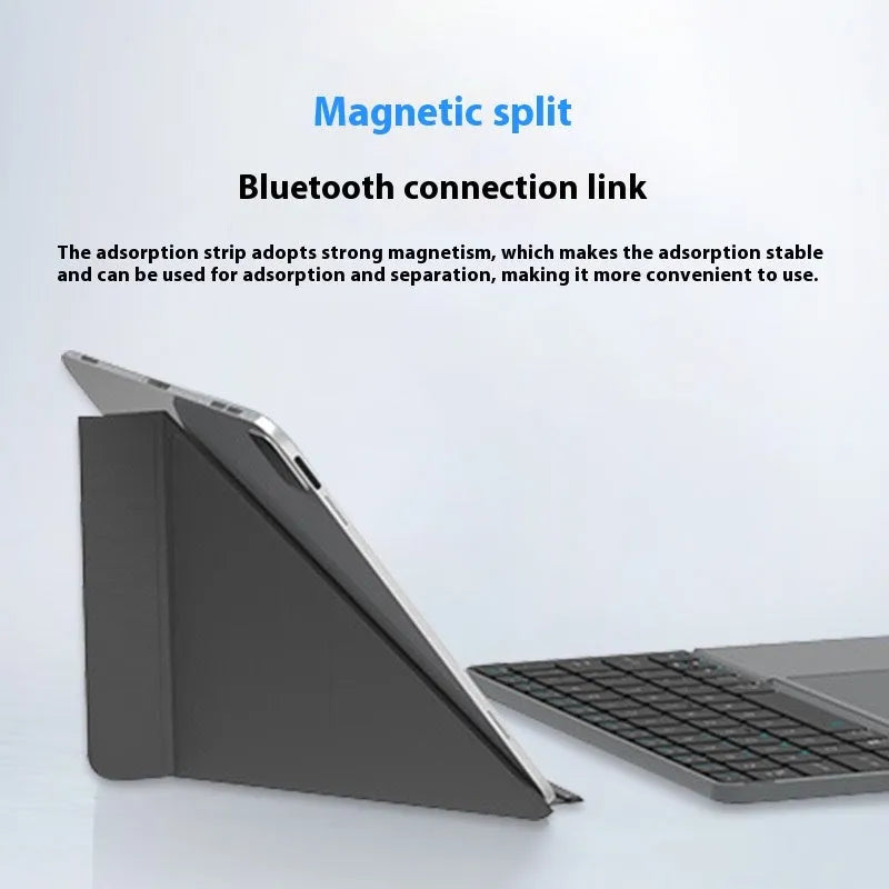 Grey wireless Bluetooth folding keyboard for mobile phones and tablets showing folded and unfolded positions