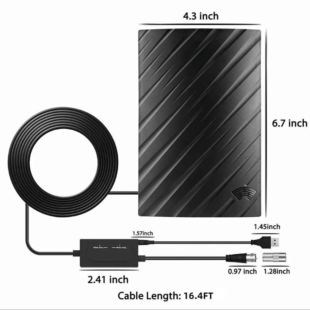 Black plastic digital television antenna with mounting accessories on white background