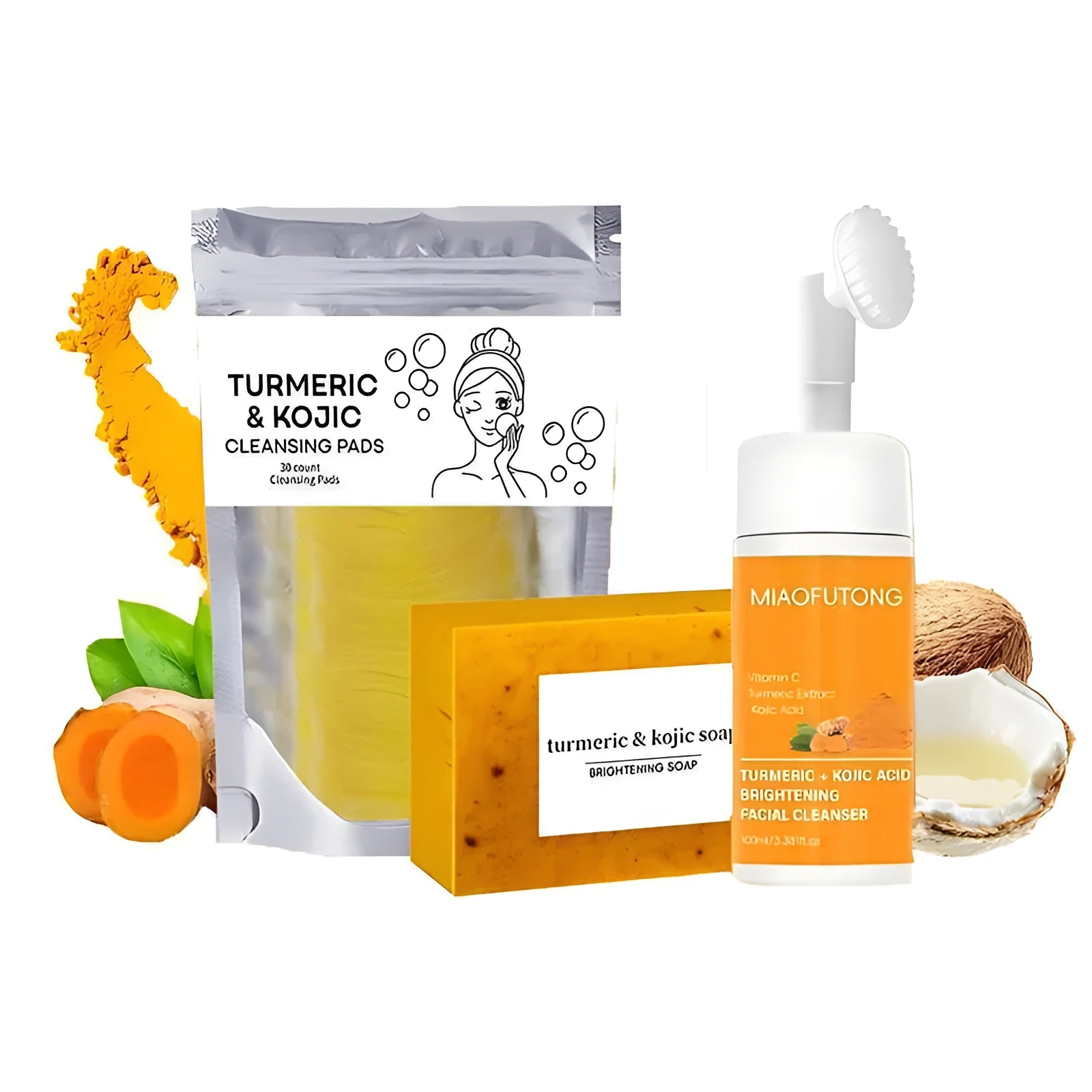 Turmeric Cleansing Mousse Facial Set with ginger soap and 30 reusable pads in 490g complete kit