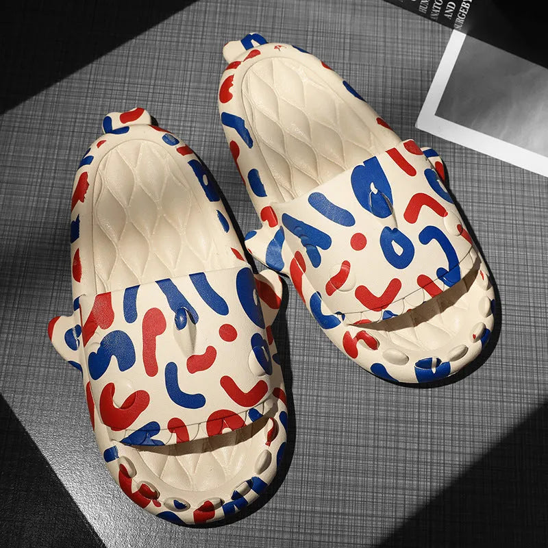Shark design EVA open toe home slippers for men and women in various colours.