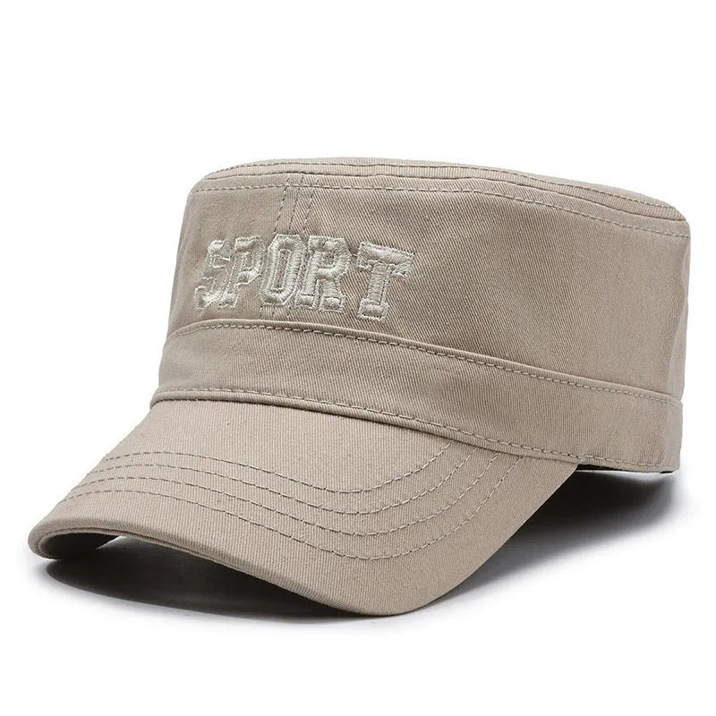 Men's flat-top cotton peaked cap in army green with adjustable strap and English letter detail.
