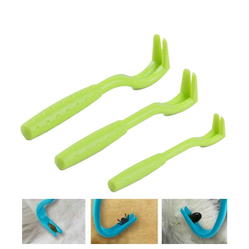 Three plastic tick removal tools with hook design for pet grooming and flea extraction