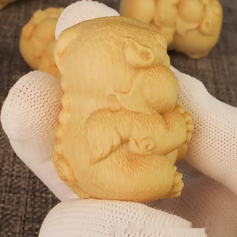 Solid bamboo carving ornament Take Money figurine, 4.5cm tall.