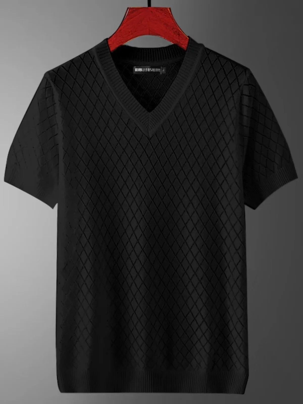 Men's black and white plus size short sleeve T-shirt showing V-neck and round neck styles