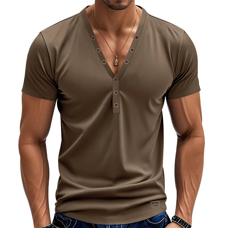 Men's loose thin V-neck sports pullover with button design in polyester blend fabric