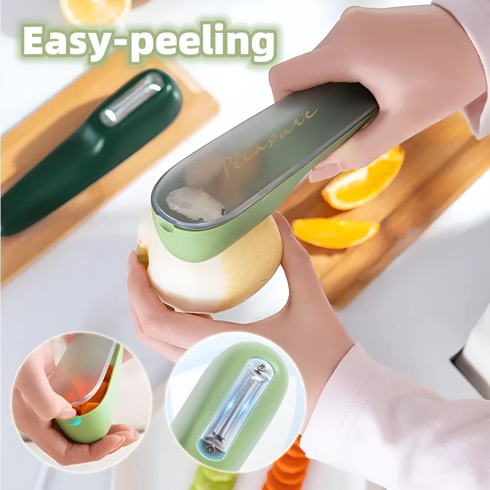 Green kitchen peeler with storage tube, stainless steel blade and hanging hole on handle