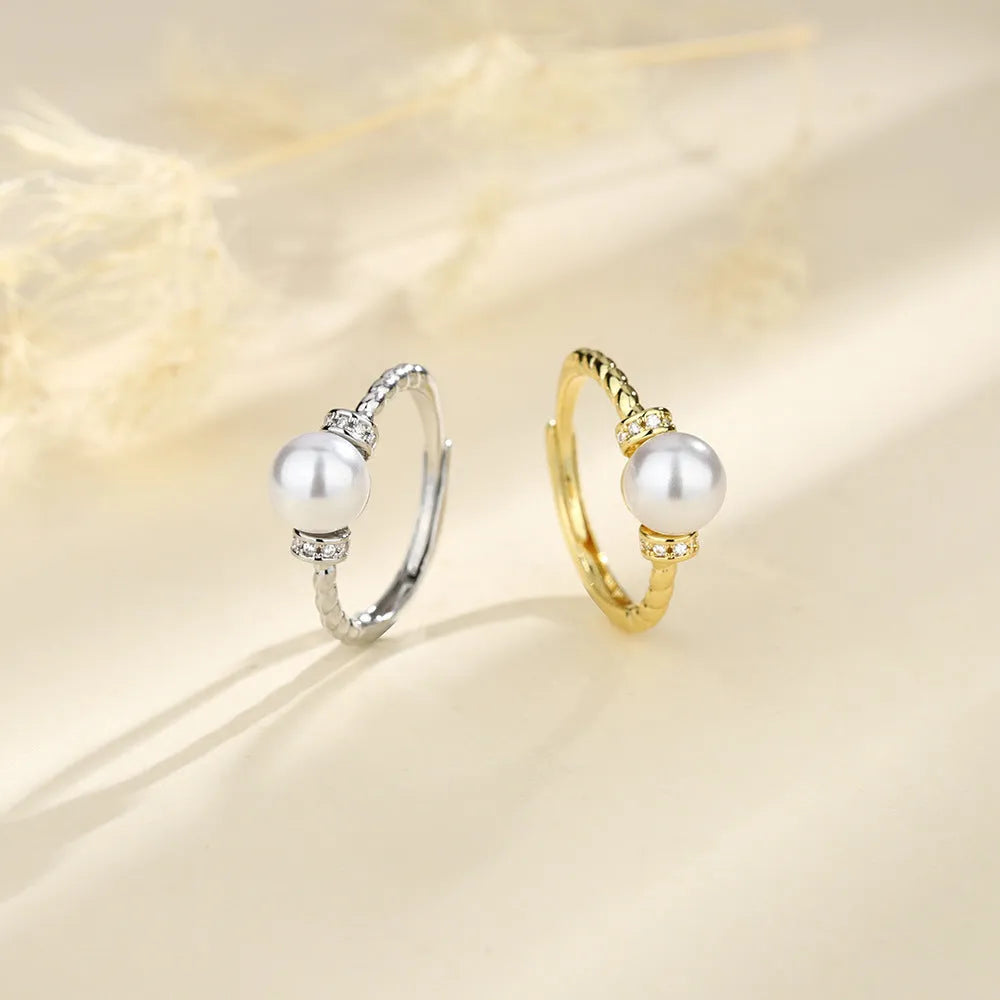 Geometric antique twist pearl ring with adjustable copper band in gold or silver finish