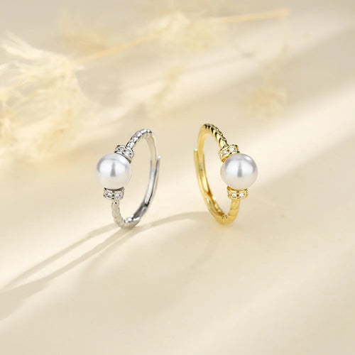 Geometric antique twist pearl ring with adjustable copper band in gold or silver finish