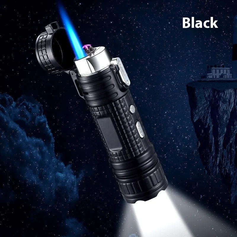 TH727 multi-function metal flashlight lighter in camouflage, red, black, blue or yellow colour.