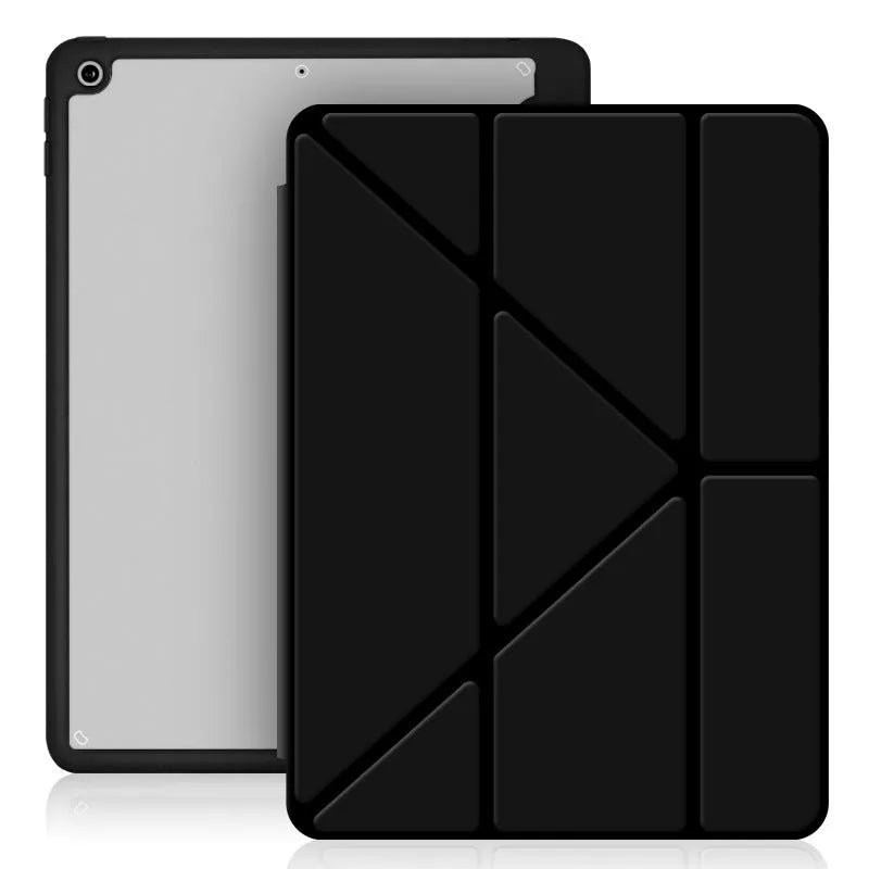 Acrylic Y folding iPad protective case in dark grey showing folding stand and built-in pen slot