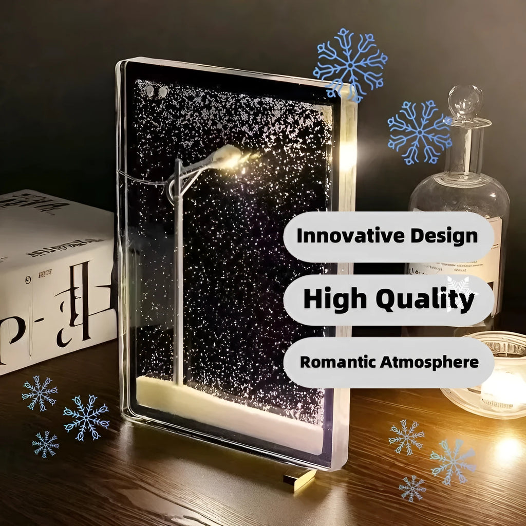 DIY snowy landscape night light kit with small street lights and flowing snow effect for Christmas desktop decor
