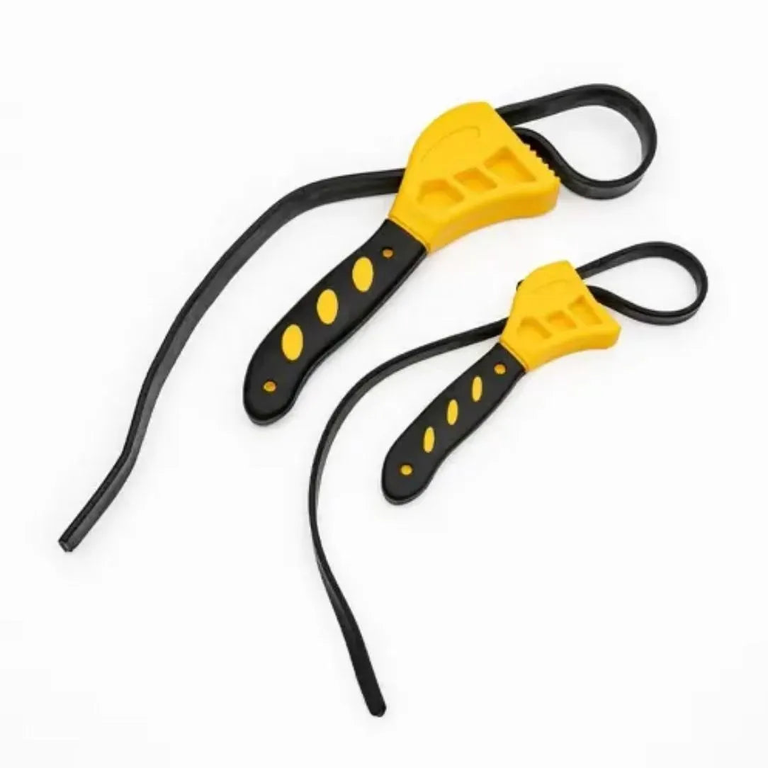 Two adjustable rubber strap wrenches, a 6-inch and an 8-inch model, for gripping oil filters and plumbing fixtures.