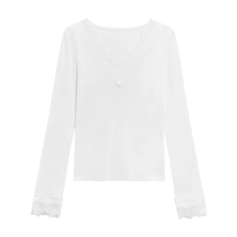 Women white V-neck long sleeve top with lace stitching in polyester knit slim fit