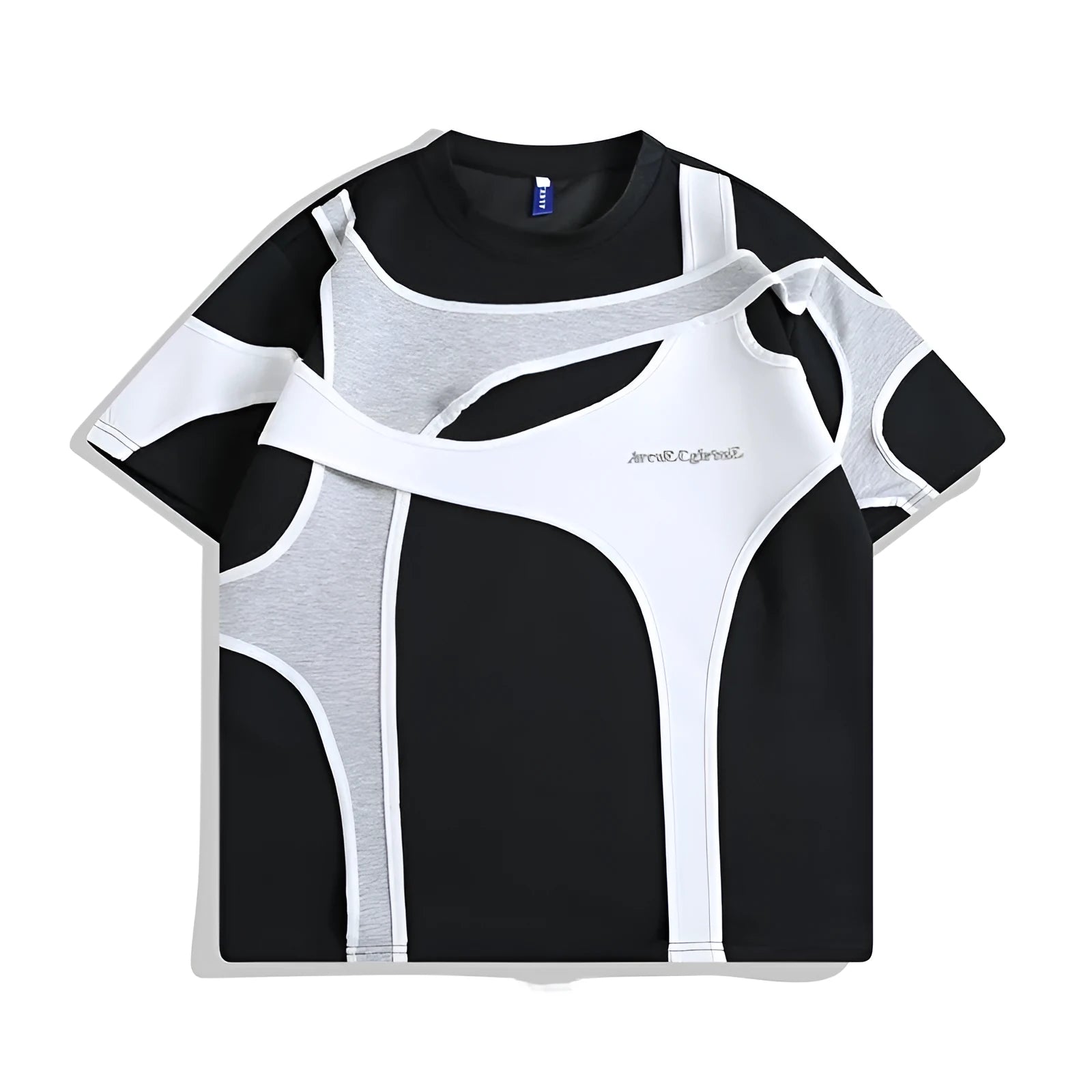 Men's black t-shirt with double stitching on padded shoulders and round neck collar