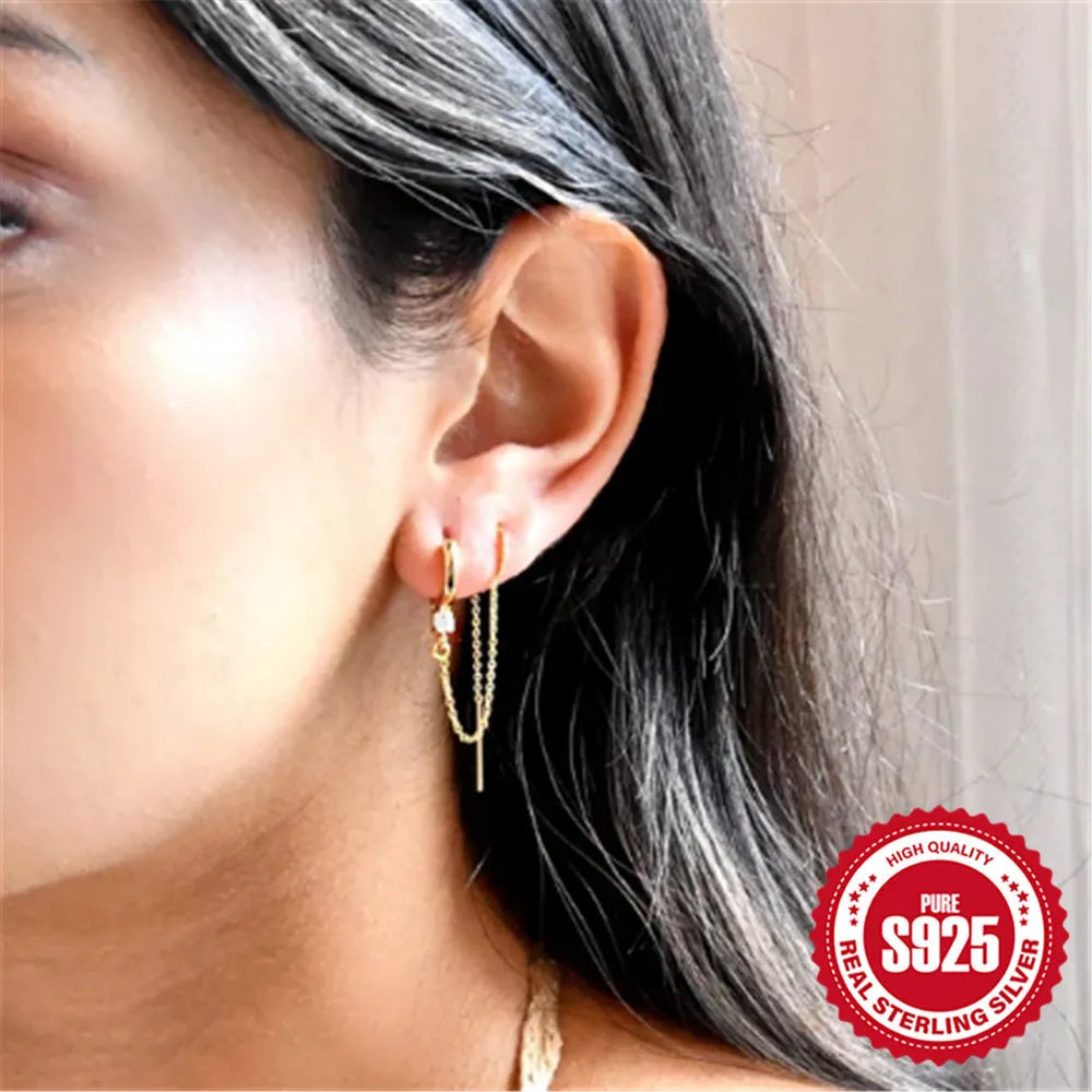 S925 sterling silver flower tassel chain ear studs with geometric shape and gold electroplated finish