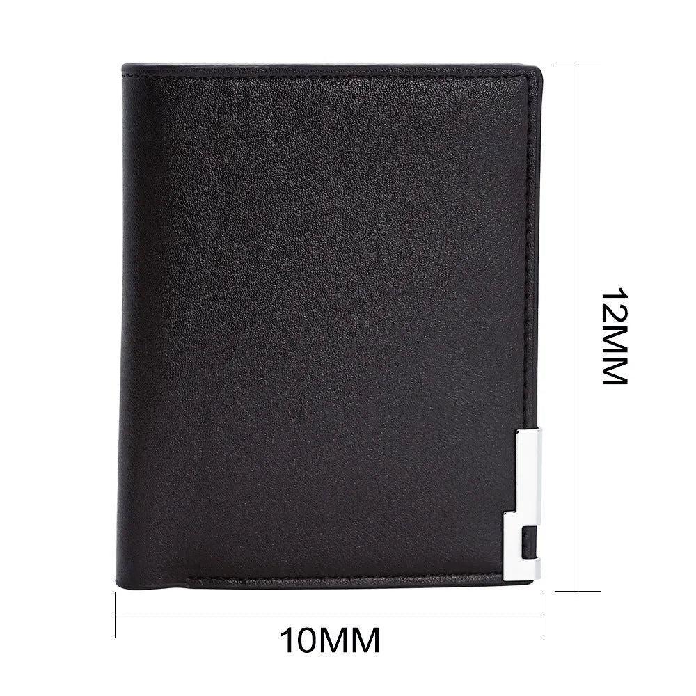 Men's brown leather wallet with a zipper closure, shown individually packaged.