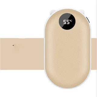 Compact rechargeable hand warmer and power bank with digital display in assorted colours.