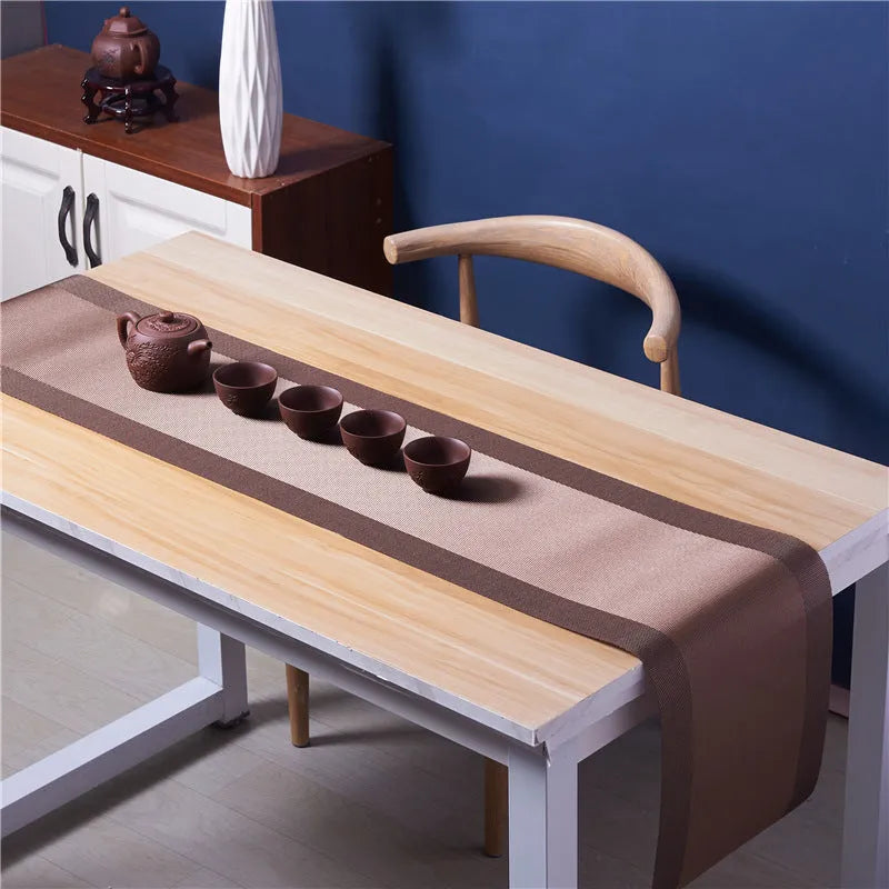 PVC non-slip dish mat in gradient bamboo design protecting kitchen worktop with dishes