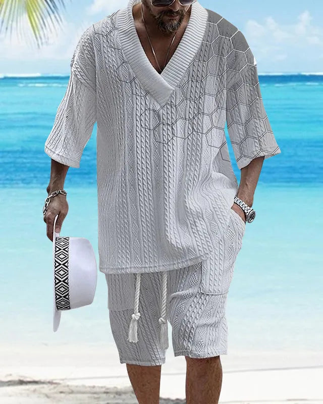 Men's casual knitted shorts suit set with short sleeves and drop-shoulder design