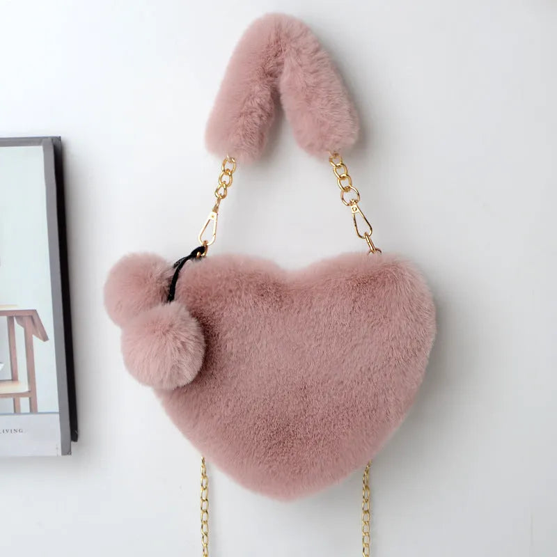Soft plush heart-shaped women's handbag with zipper closure in various colours