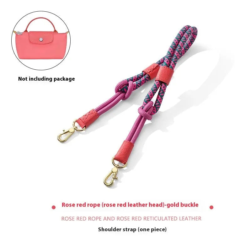 Braided nylon and cowhide leather crossbody shoulder strap with gold alloy buckle on a grey background.