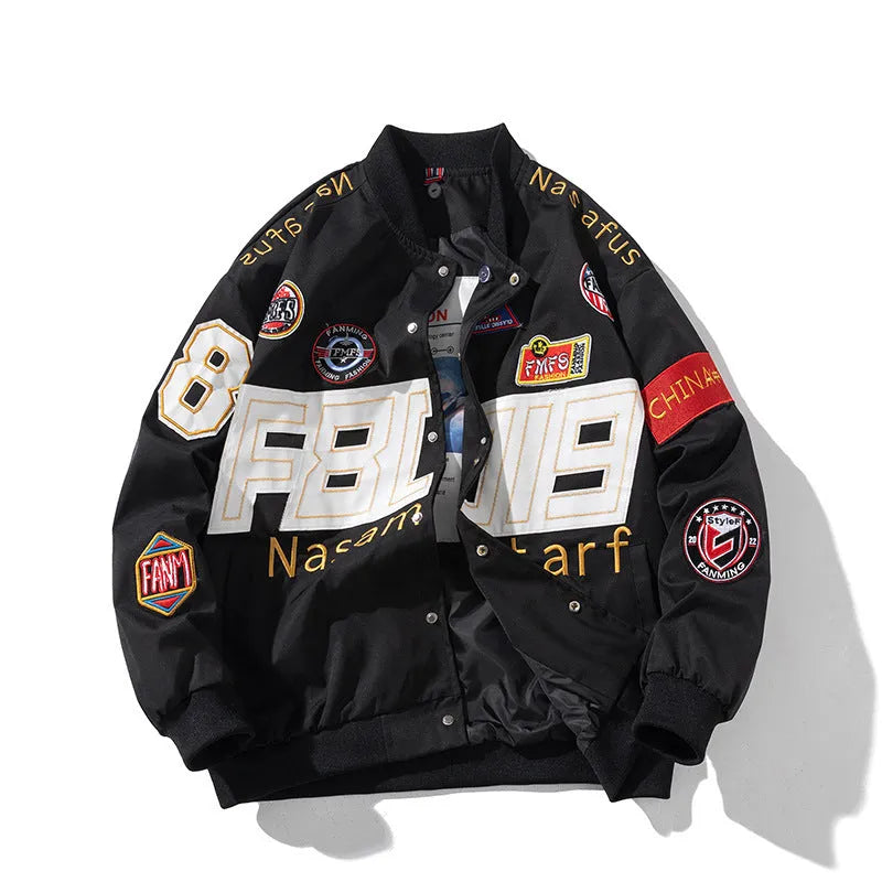 American motorcycle baseball uniform with side pockets available in black red or blue colours