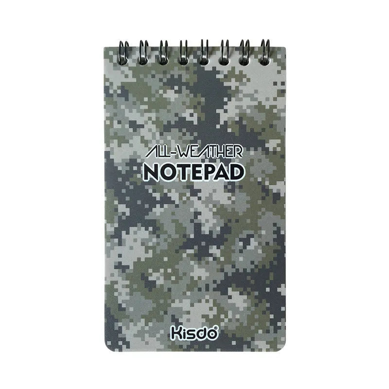 A5 spiral-bound waterproof notebook with stone paper pages and a green camouflage PP cover