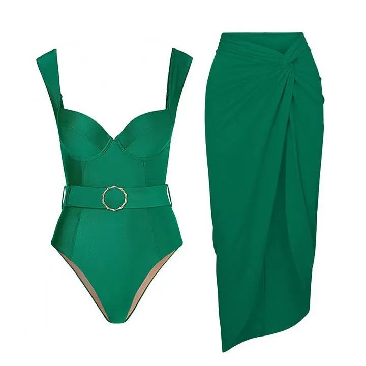 Women's one-piece swimsuit with gauze skirt in polyester fabric showing shoulder strap style options