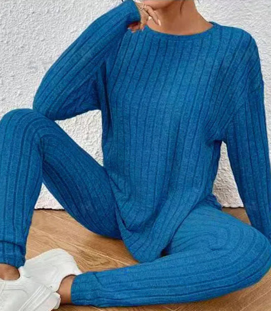 Black and blue sunken stripe two-piece homewear set with regular sleeve top and trousers