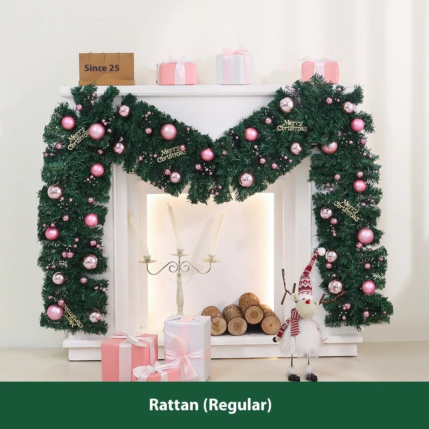 2.7 metre pink Christmas rattan wall decoration with 240 LED lights and wrought iron frame