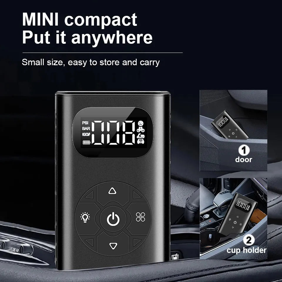 Black aviation aluminium portable electric air compressor and power bank with USB cable and inflatable tube.