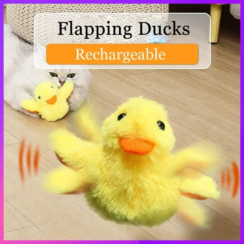 Yellow flapping duck cat toy with removable plush cover and USB charging cable