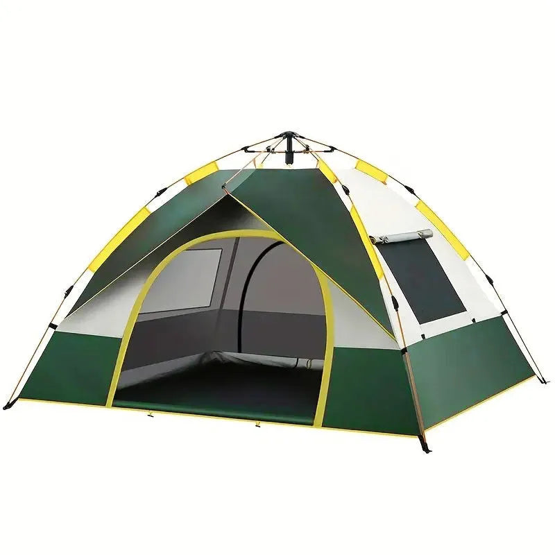 Dark green automatic pop-up camping tent for 3-4 people with quick-open design.
